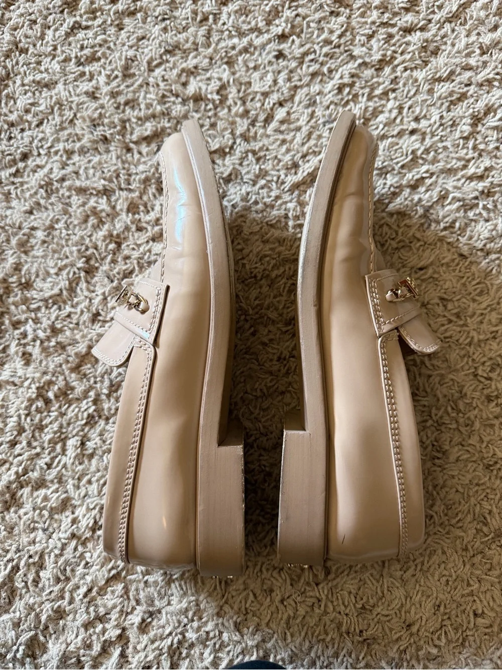 CHANEL Nude Patent Leather Loafers with Gold Logo Chain